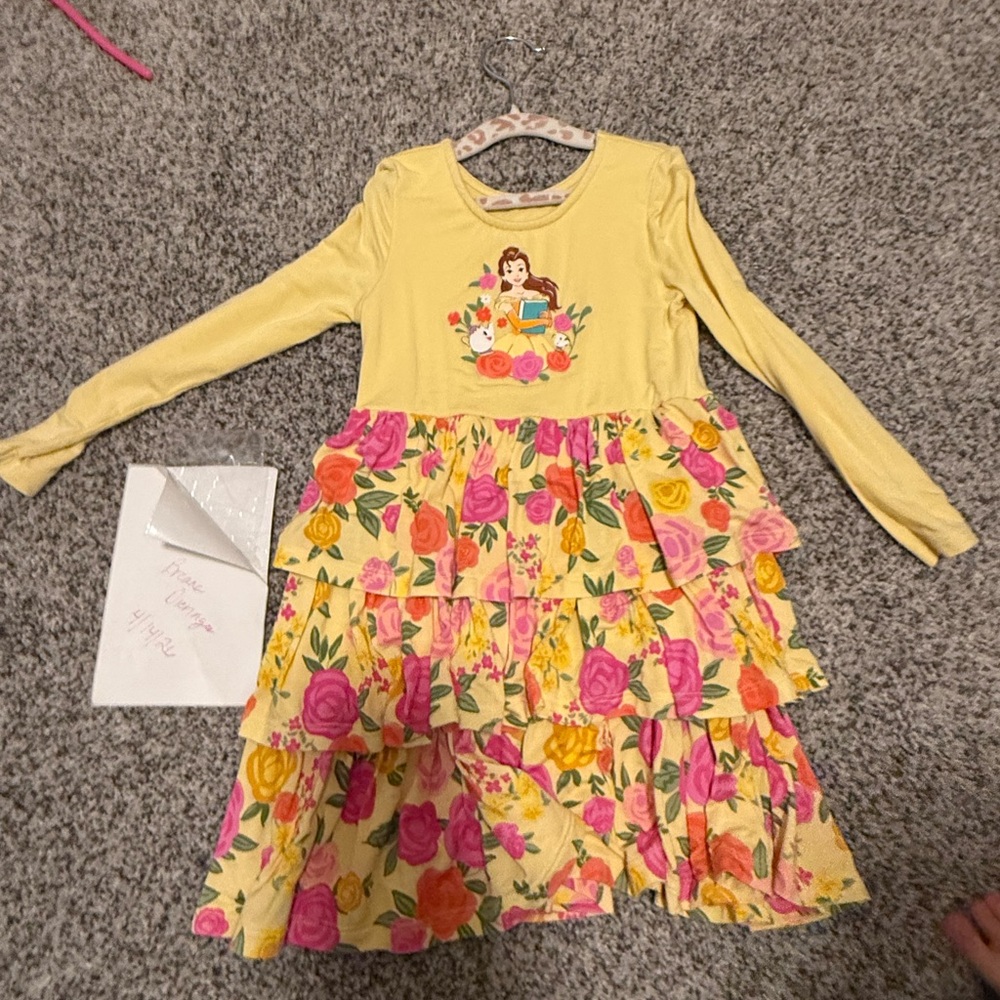 Little Sleepies Yellow Long-Sleeve Floral Ruffle Dress with Belle Graphic